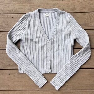 Aerie Grey Cardigan Sweater Ribbed Size Large Preppy Cozy Knitwear Button Up